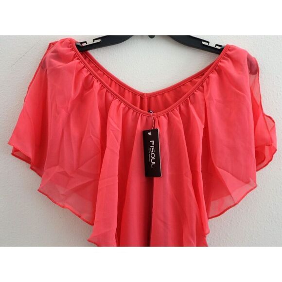FISOUL Women's Sz Small Pink Ruffle V-Neck Flounce Chiffon Top Blouse - Picture 3 of 7